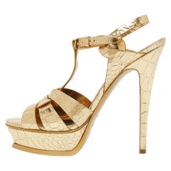Saint Laurent Gold Tribute Ankle Wrap Sandals Size 40