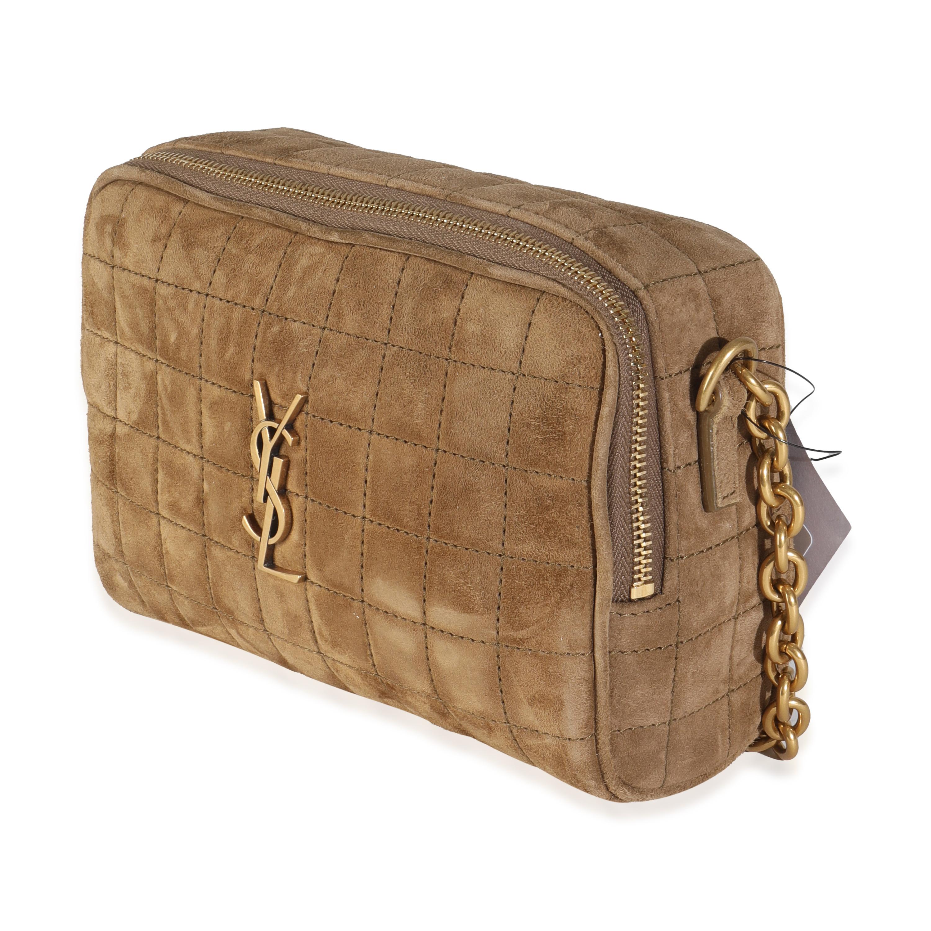 Saint Laurent Golden Leaf Suede Cassandre Carre Camera Bag In Excellent Condition For Sale In New York, NY