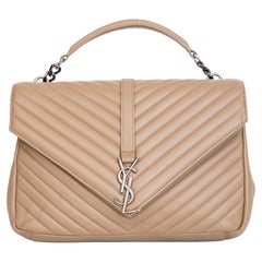 Saint Laurent College Grain de Poudre Chevron Large Chain Monogram Bag Beige (35