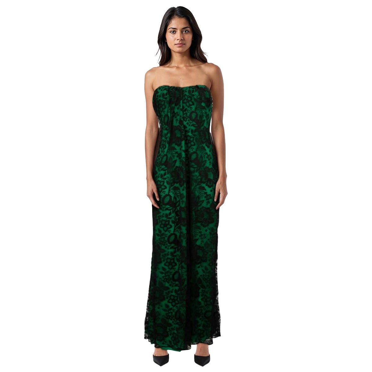 Saint Laurent - Robe longue de soirée en dentelle verte et noire - Taille M en vente