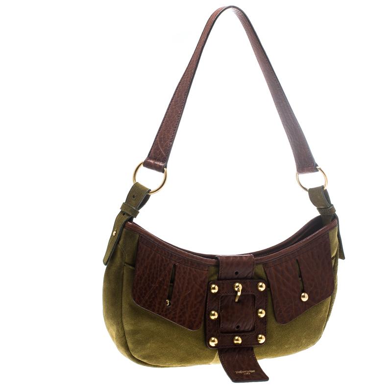 Women's Saint Laurent Green/Brown Suede and Leather Shoulder Bag