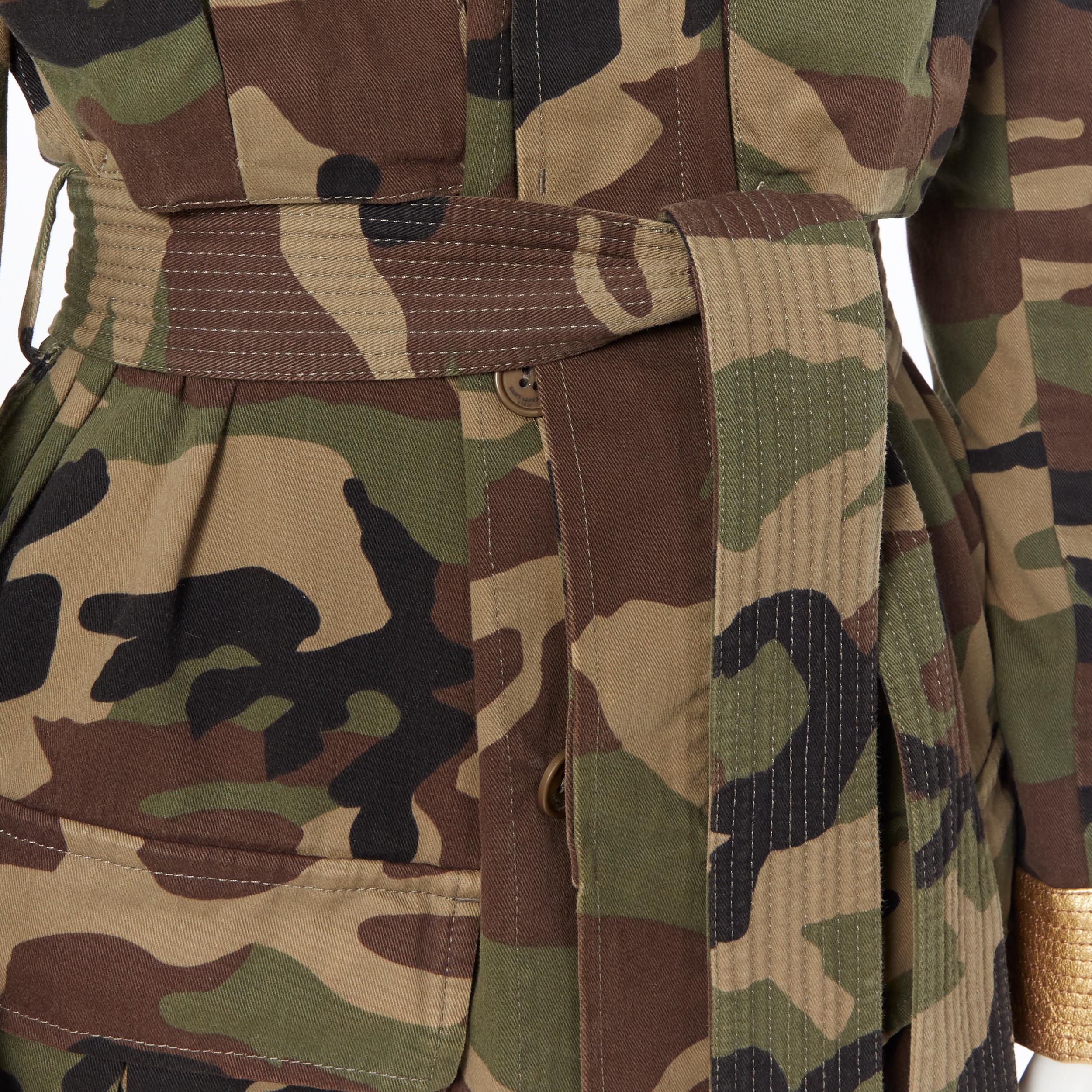 SAINT LAURENT green camouflage gold leather trimmed belted military jacket FR46 7