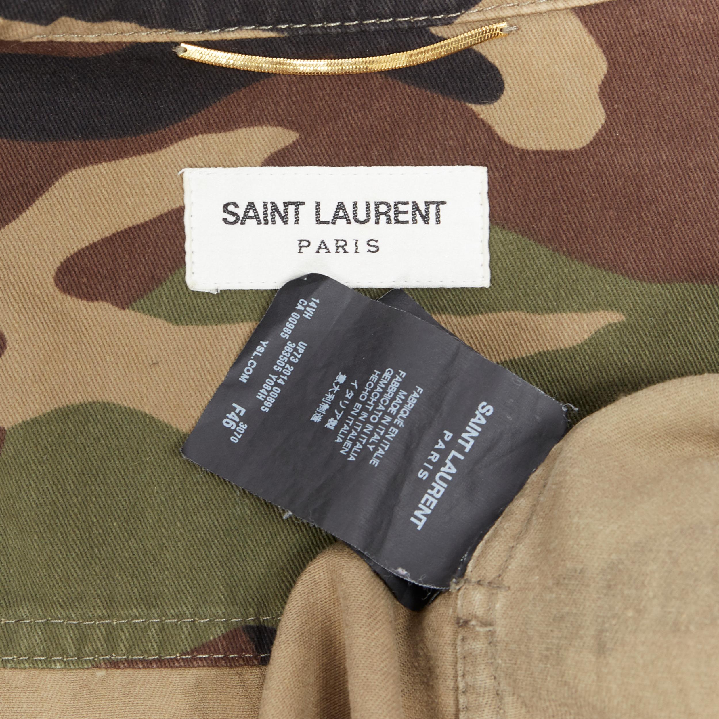 SAINT LAURENT green camouflage gold leather trimmed belted military jacket FR46 8