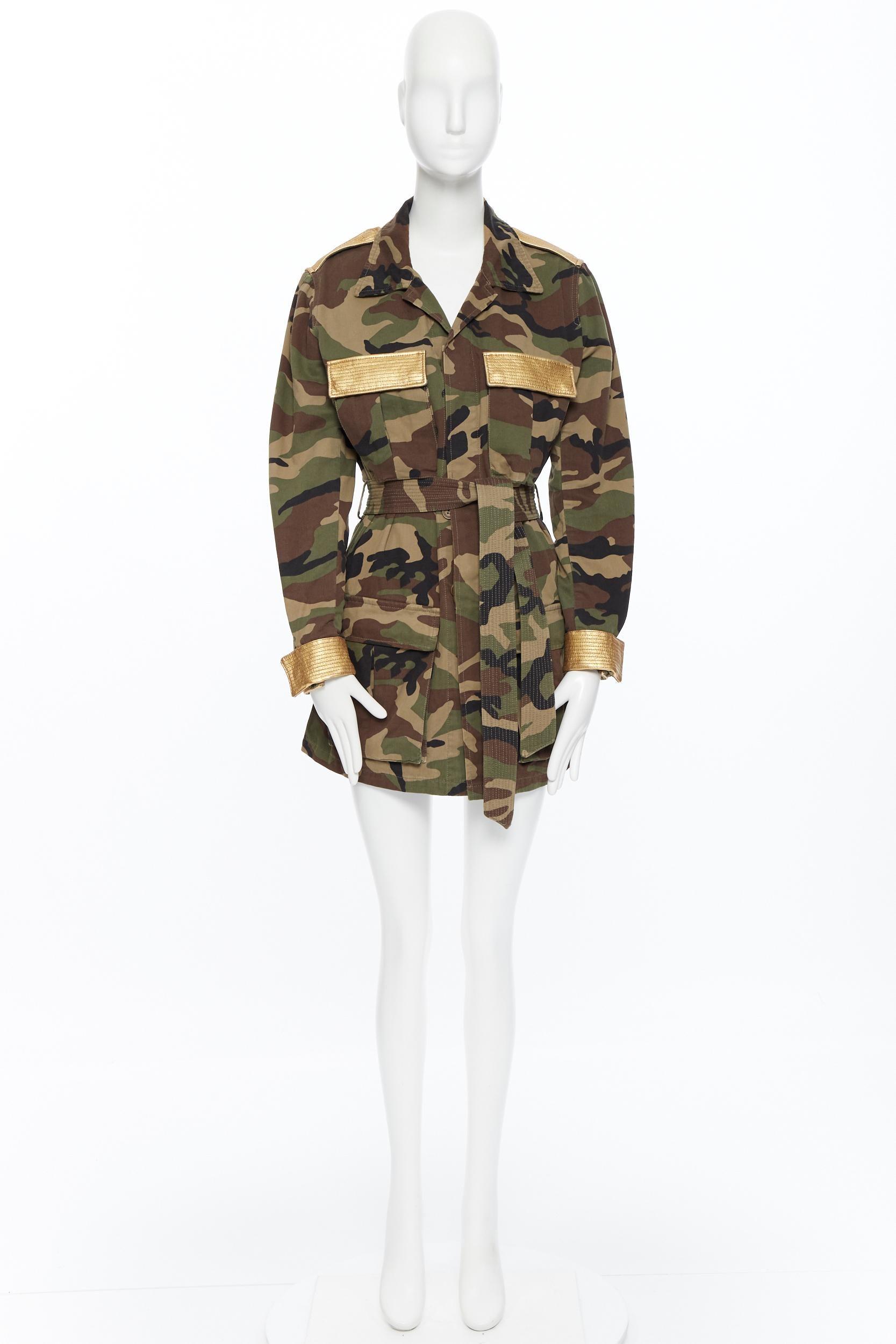 SAINT LAURENT green camouflage gold leather trimmed belted military jacket FR46
Brand: Saint Laurent
Collection: 2014
Model Name / Style: Camouflage jacket
Material: Cotton
Color: Green
Pattern: Camouflage
Closure: Button
Extra Detail: Green