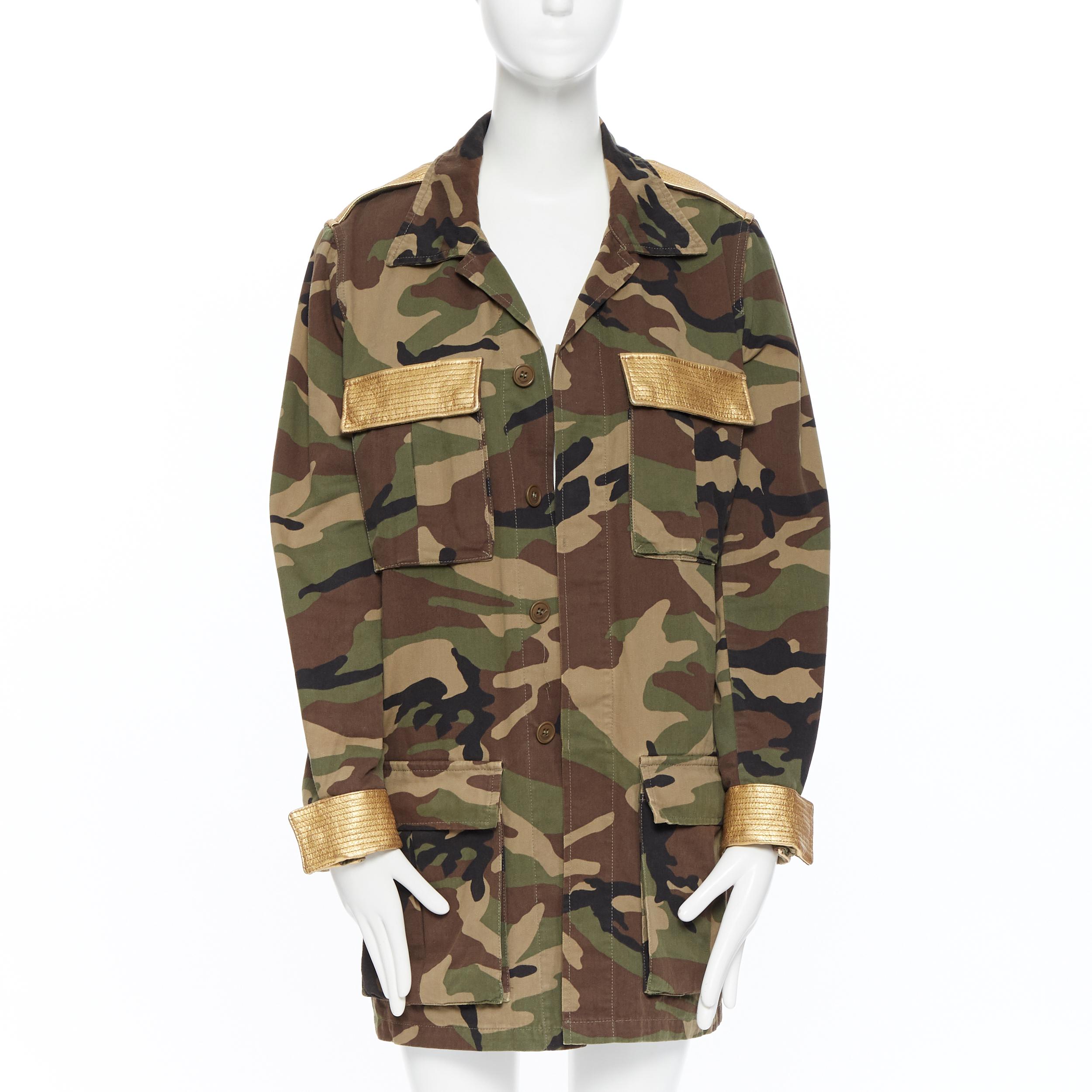Brown SAINT LAURENT green camouflage gold leather trimmed belted military jacket FR46
