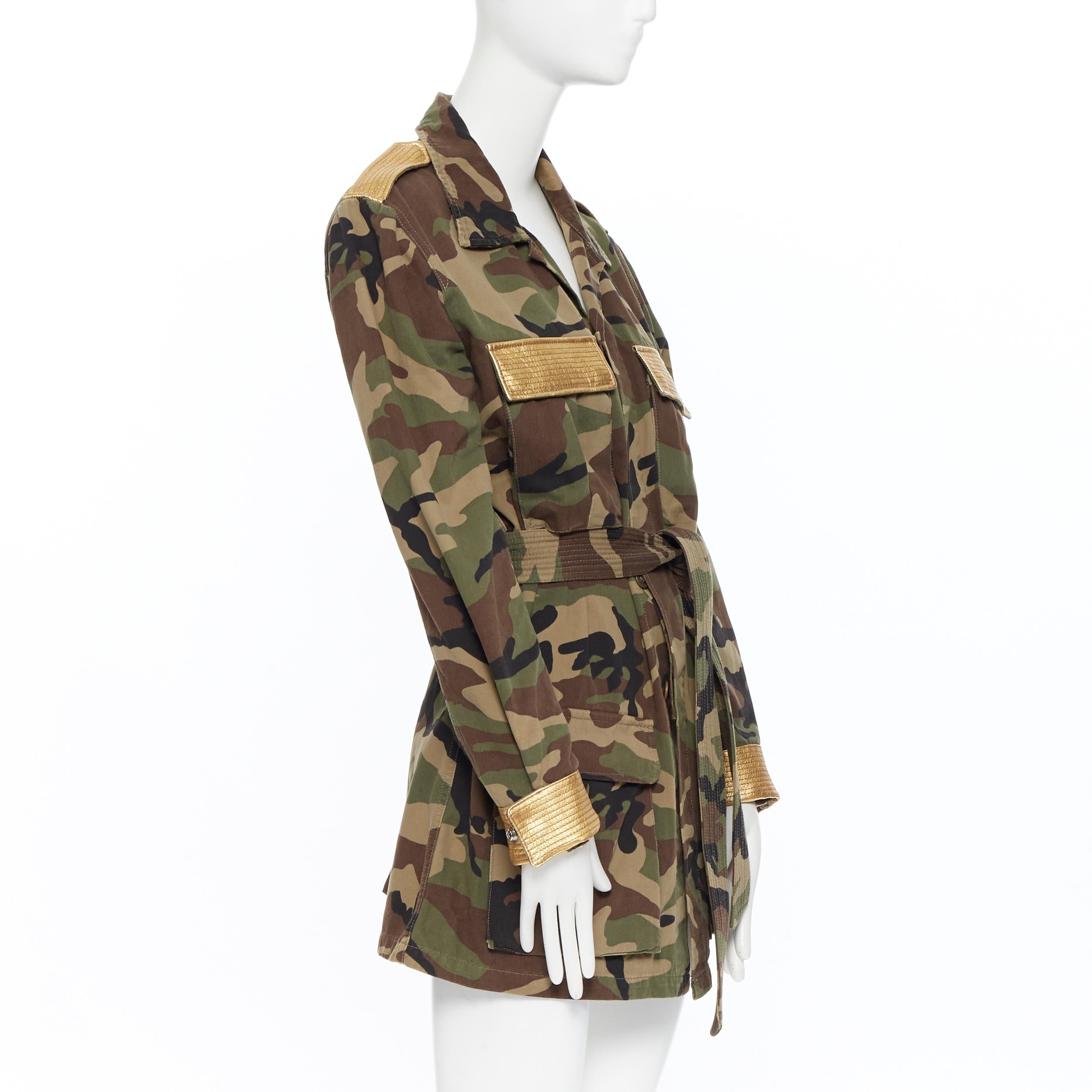 Women's SAINT LAURENT green camouflage gold leather trimmed belted military jacket FR46