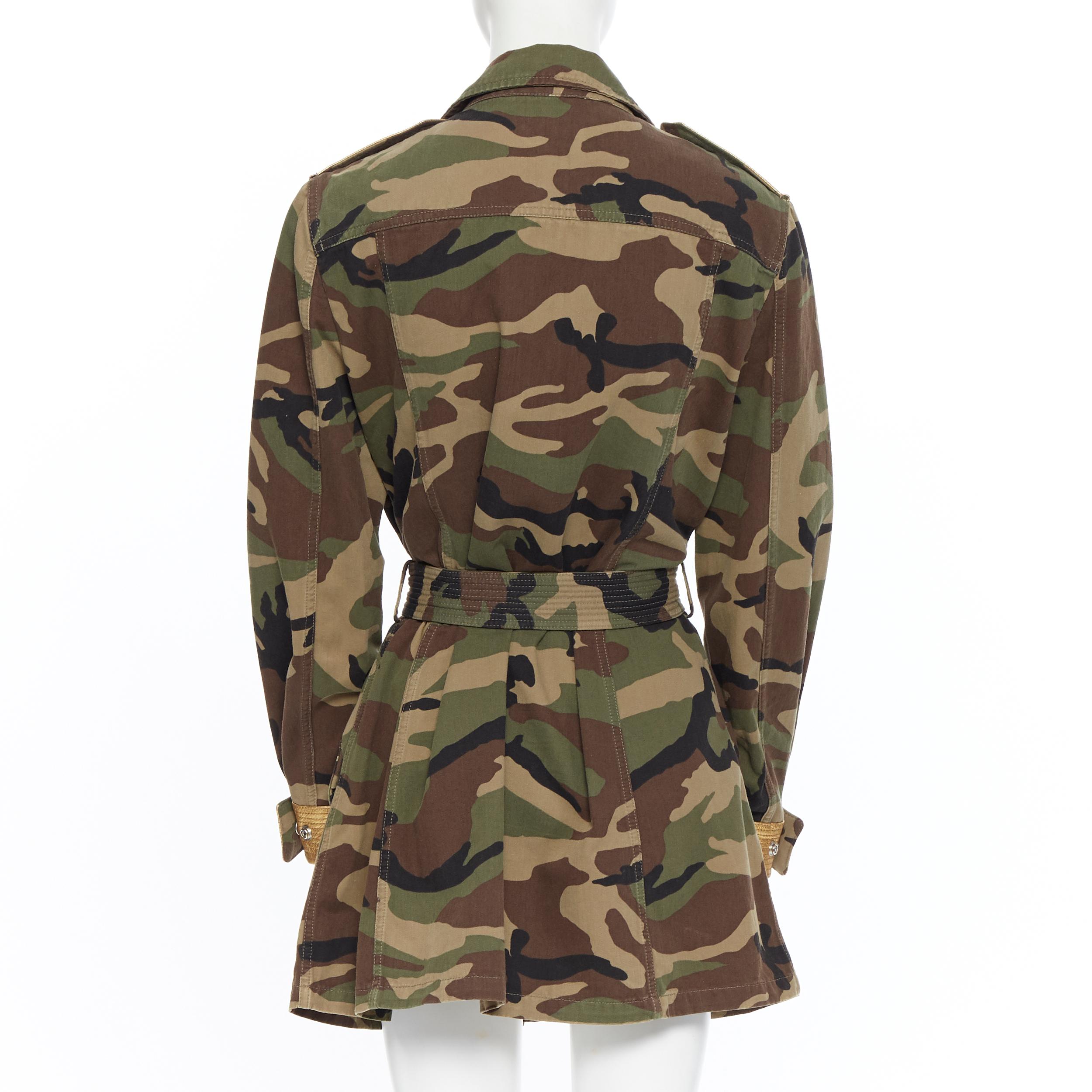 SAINT LAURENT green camouflage gold leather trimmed belted military jacket FR46 2