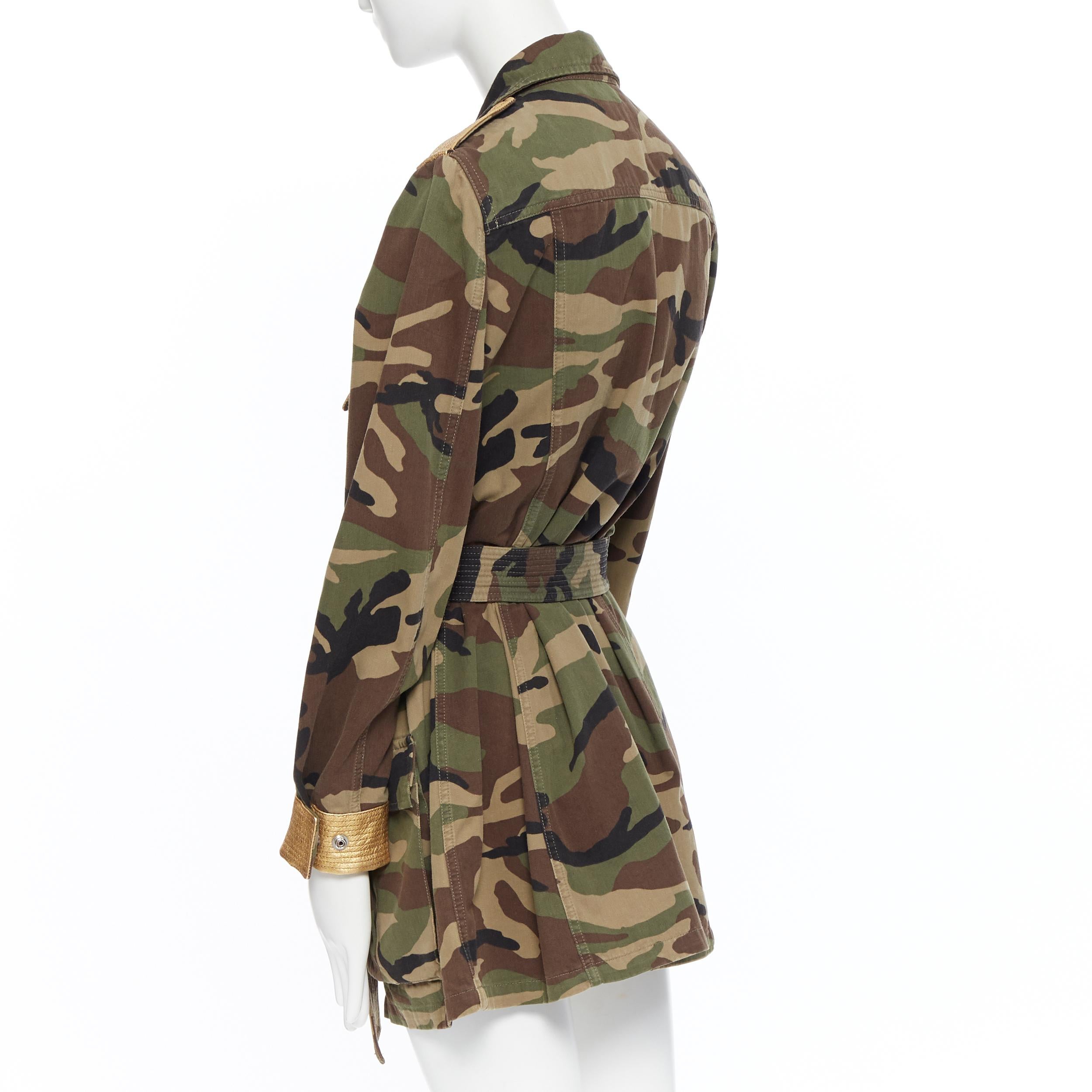 SAINT LAURENT green camouflage gold leather trimmed belted military jacket FR46 3