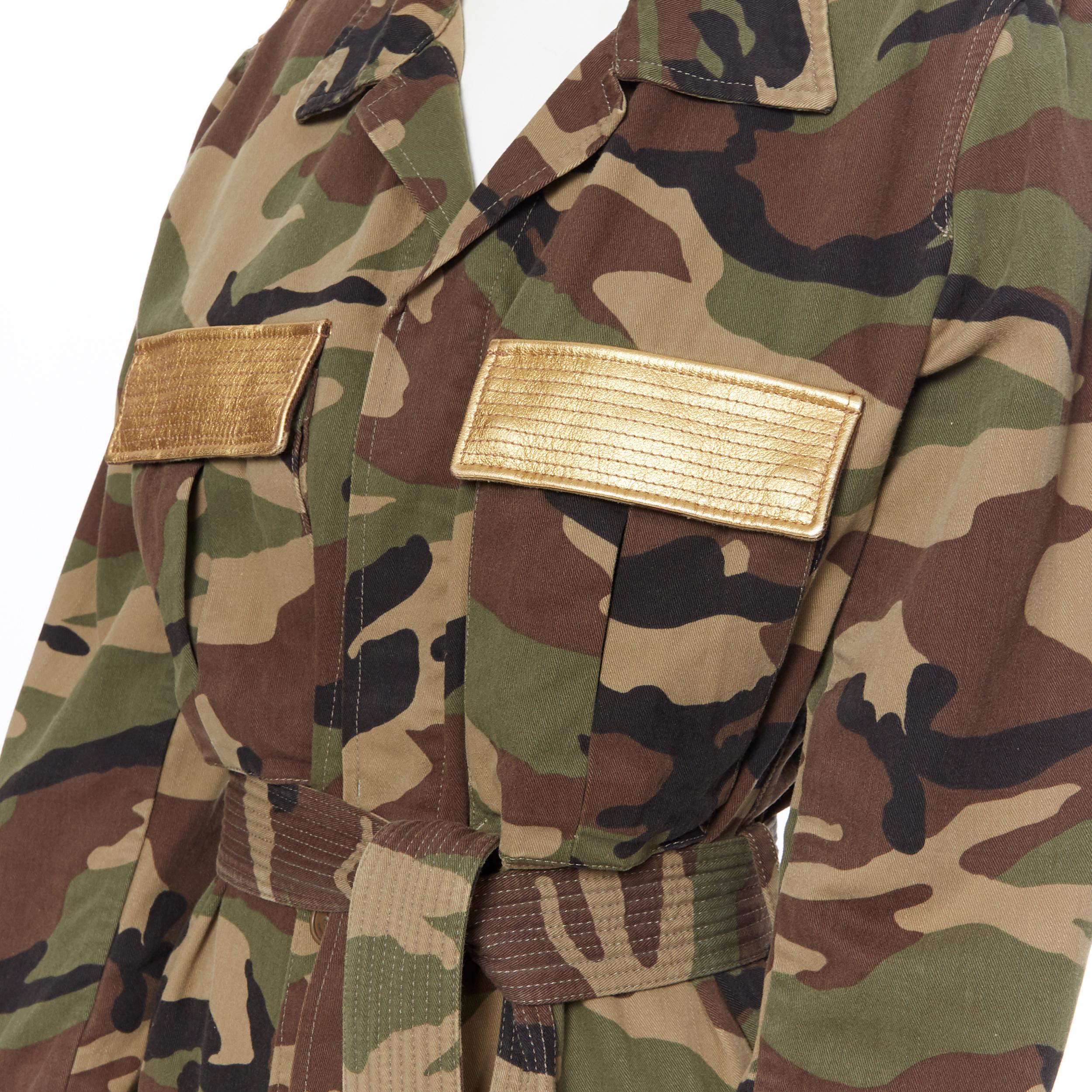SAINT LAURENT green camouflage gold leather trimmed belted military jacket FR46 5