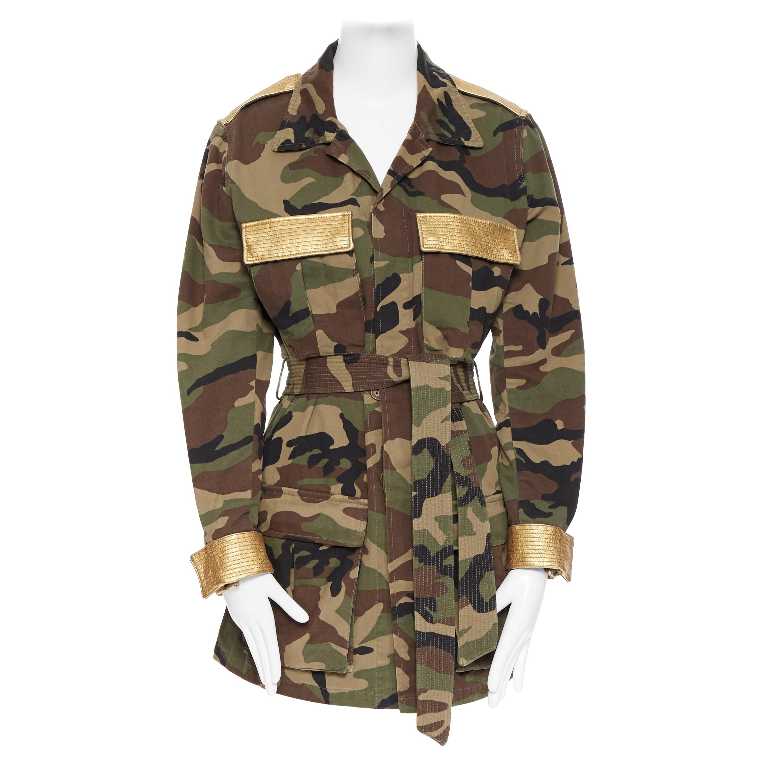 SAINT LAURENT green camouflage gold leather trimmed belted military jacket FR46