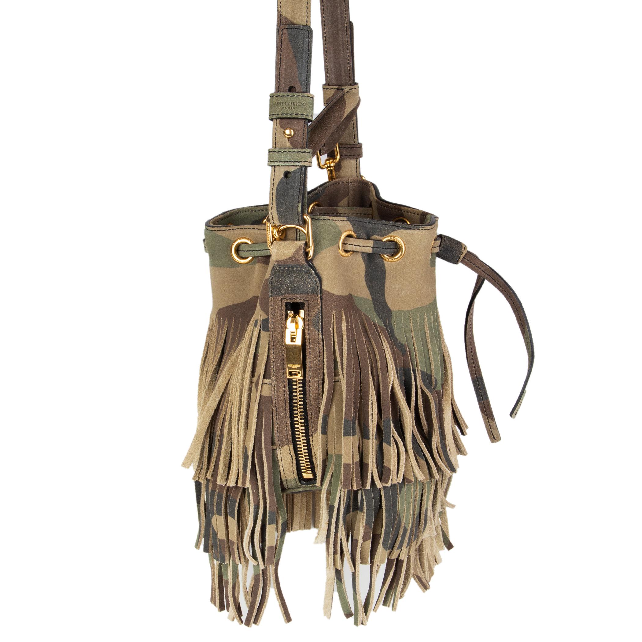 Saint Laurent 'Emmanuelle' fringed camouflage printed suede bucket bag featuring gold-tone hardware. Has a detachable top-handle and shoulder-strap and a small zip pocket on the side. Lined in black suede. Has been carried and is in excellent