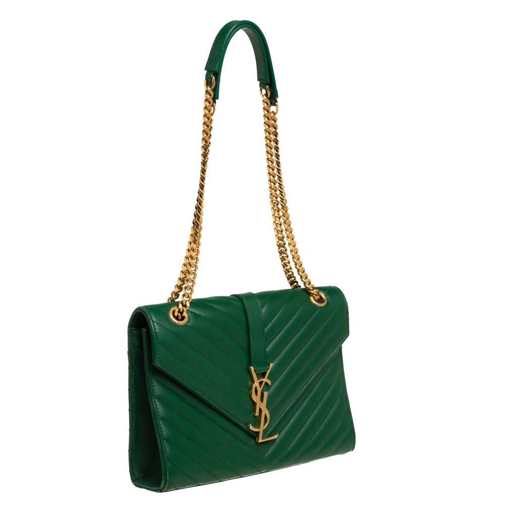 Saint Laurent Green Chevron Leather Medium Cassandre Flap Bag at
