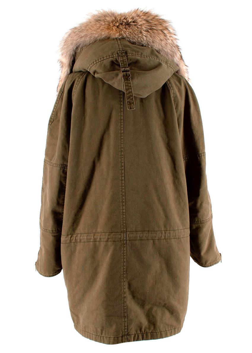 Brown Saint Laurent Green Cotton & Linen Fur Trimmed Hooded Jacket - Size US 4 For Sale