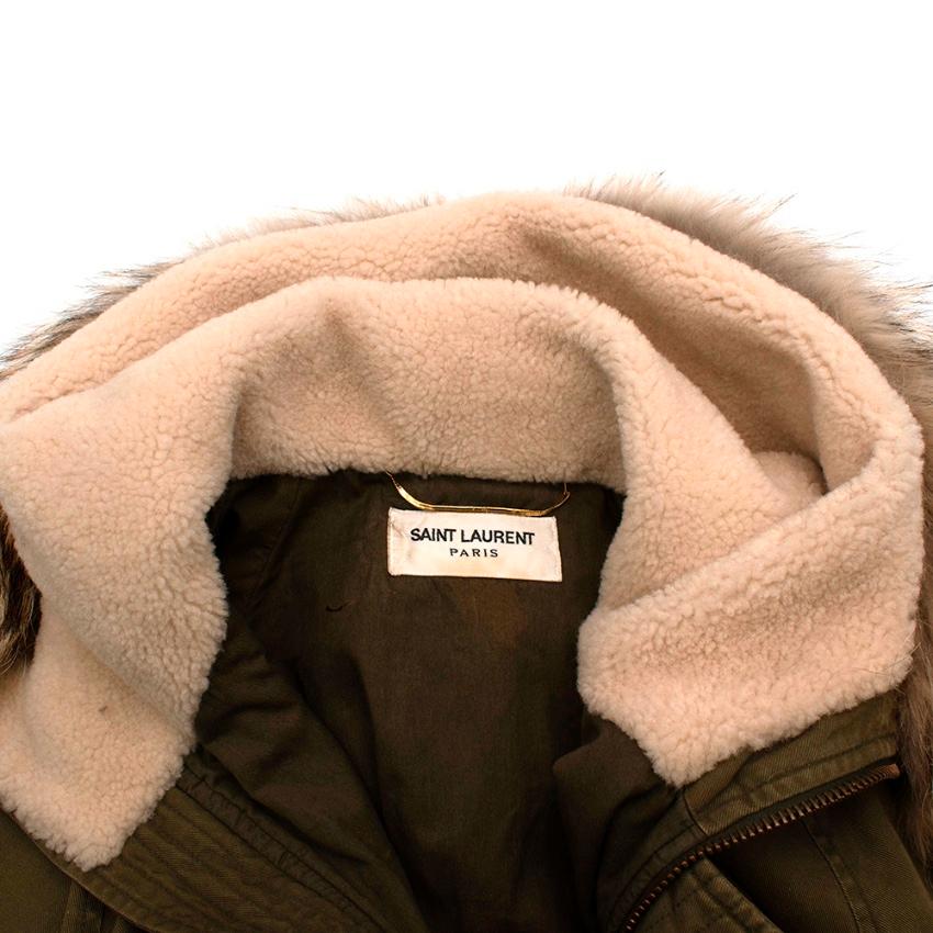 Saint Laurent Green Cotton & Linen Fur Trimmed Hooded Jacket - Size US 4 For Sale 2