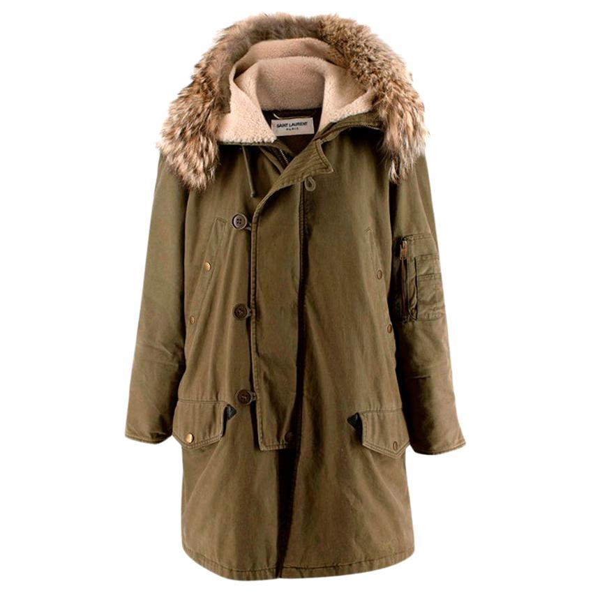 Saint Laurent Green Cotton & Linen Fur Trimmed Hooded Jacket - Size US 4 For Sale