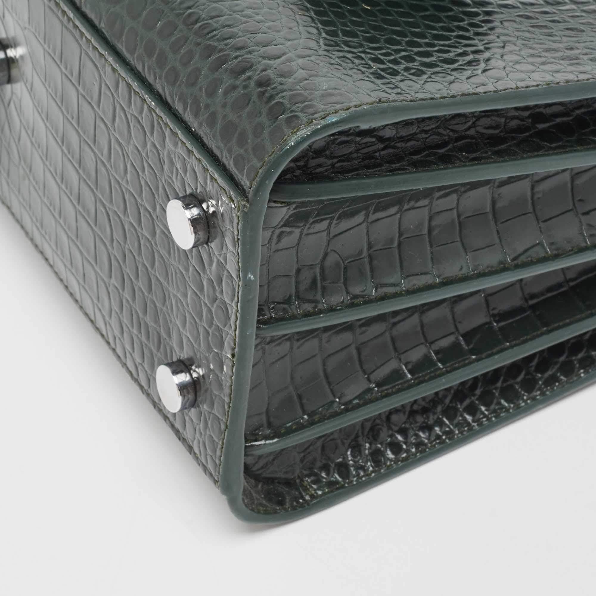Saint Laurent Green Croc Embossed Leather Baby Classic Sac De Jour Tote 3
