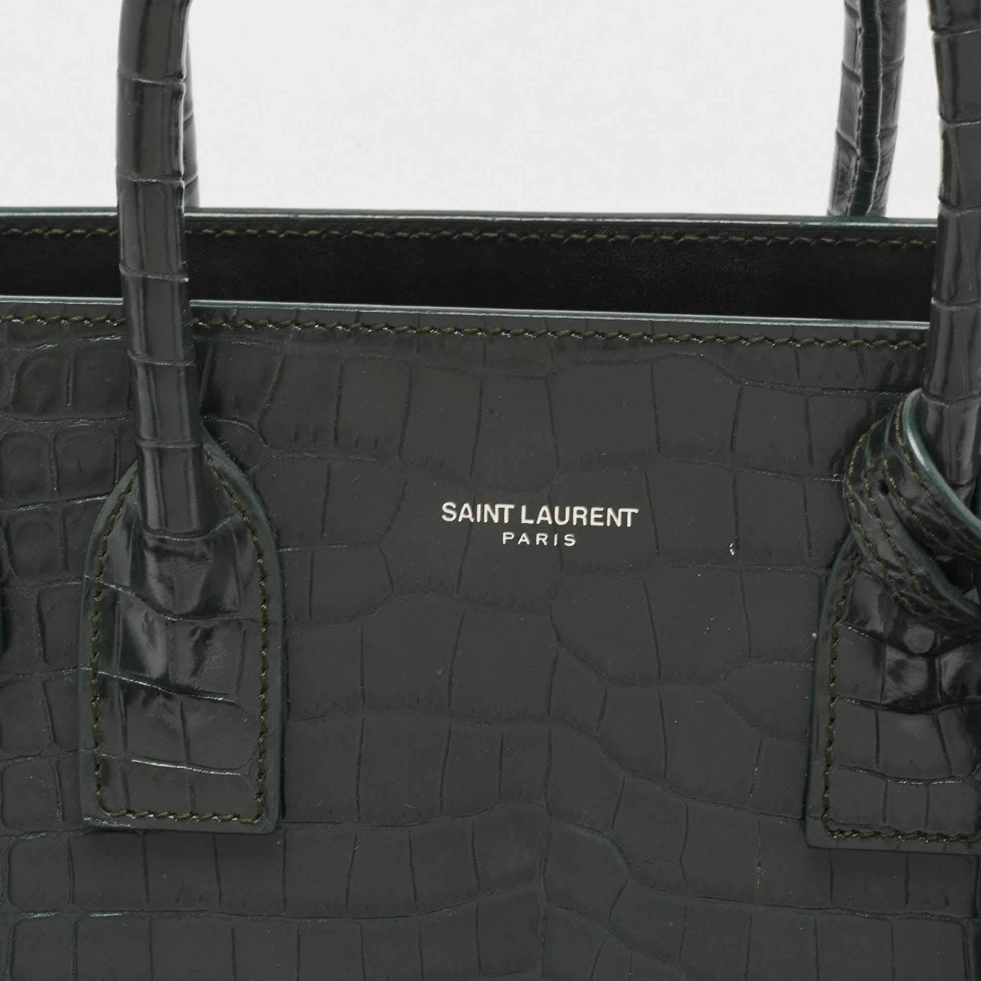 Saint Laurent Green Croc Embossed Leather Baby Classic Sac De Jour Tote 4