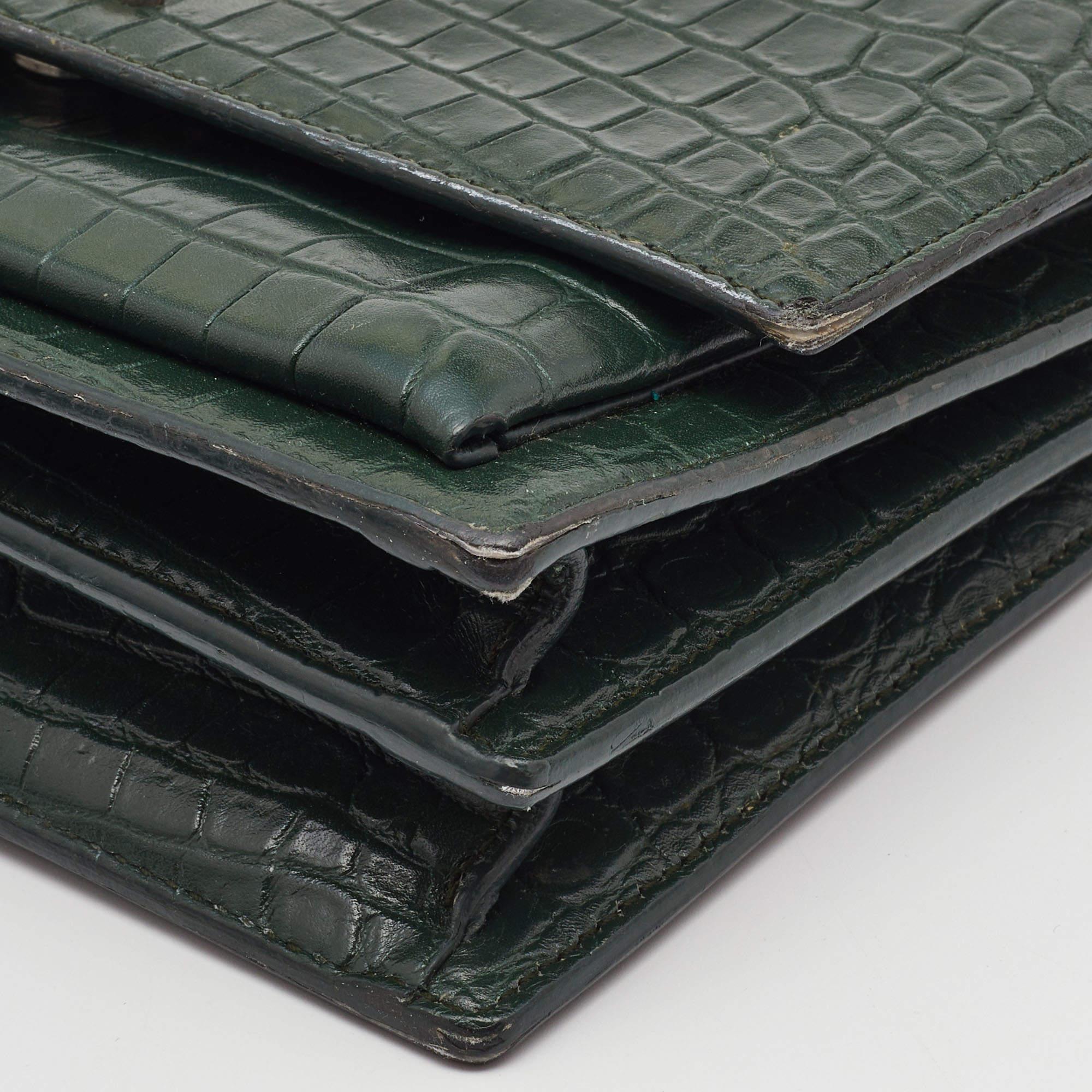Saint Laurent Green Croc Embossed Leather Medium Sunset Shoulder Bag 7