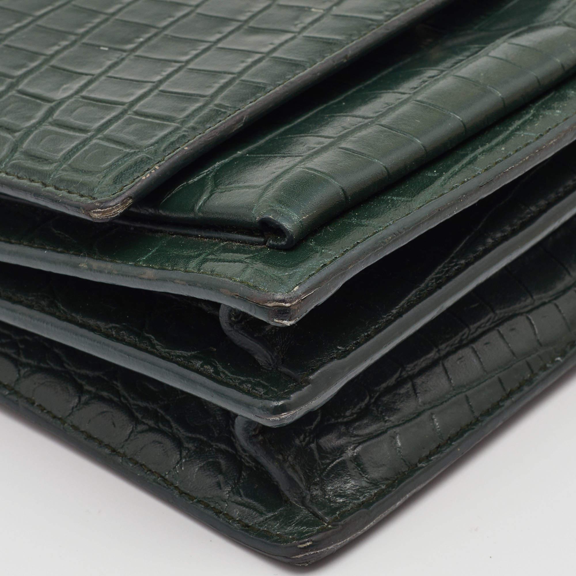 Saint Laurent Green Croc Embossed Leather Medium Sunset Shoulder Bag 8