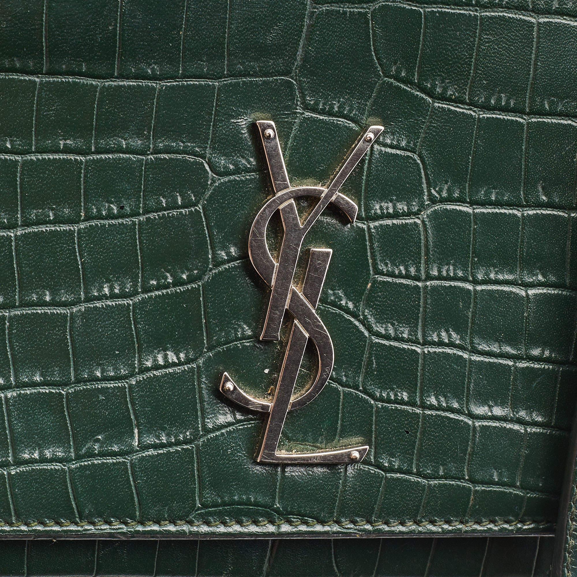 Saint Laurent Green Croc Embossed Leather Medium Sunset Shoulder Bag 9