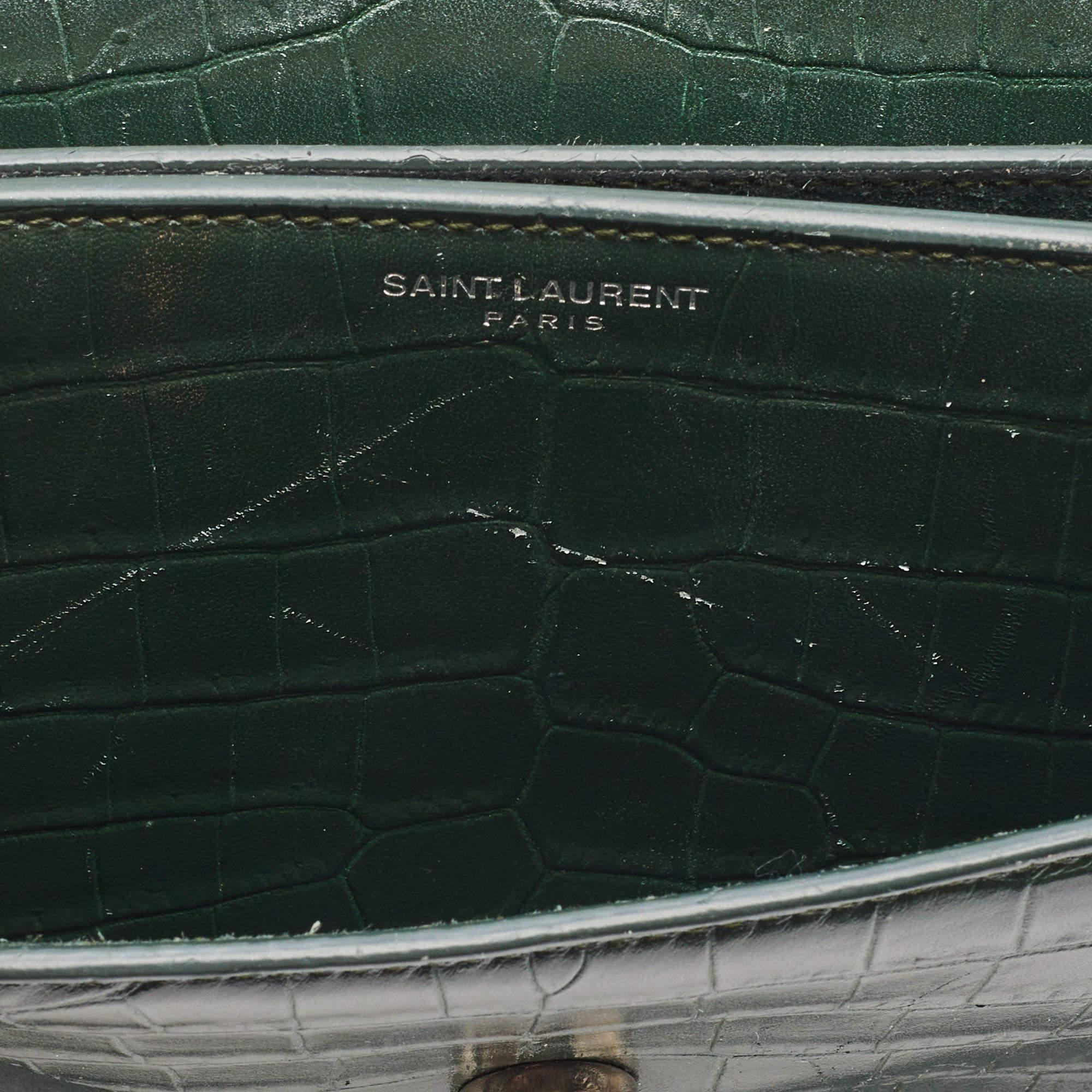 Saint Laurent Green Croc Embossed Leather Medium Sunset Shoulder Bag 13