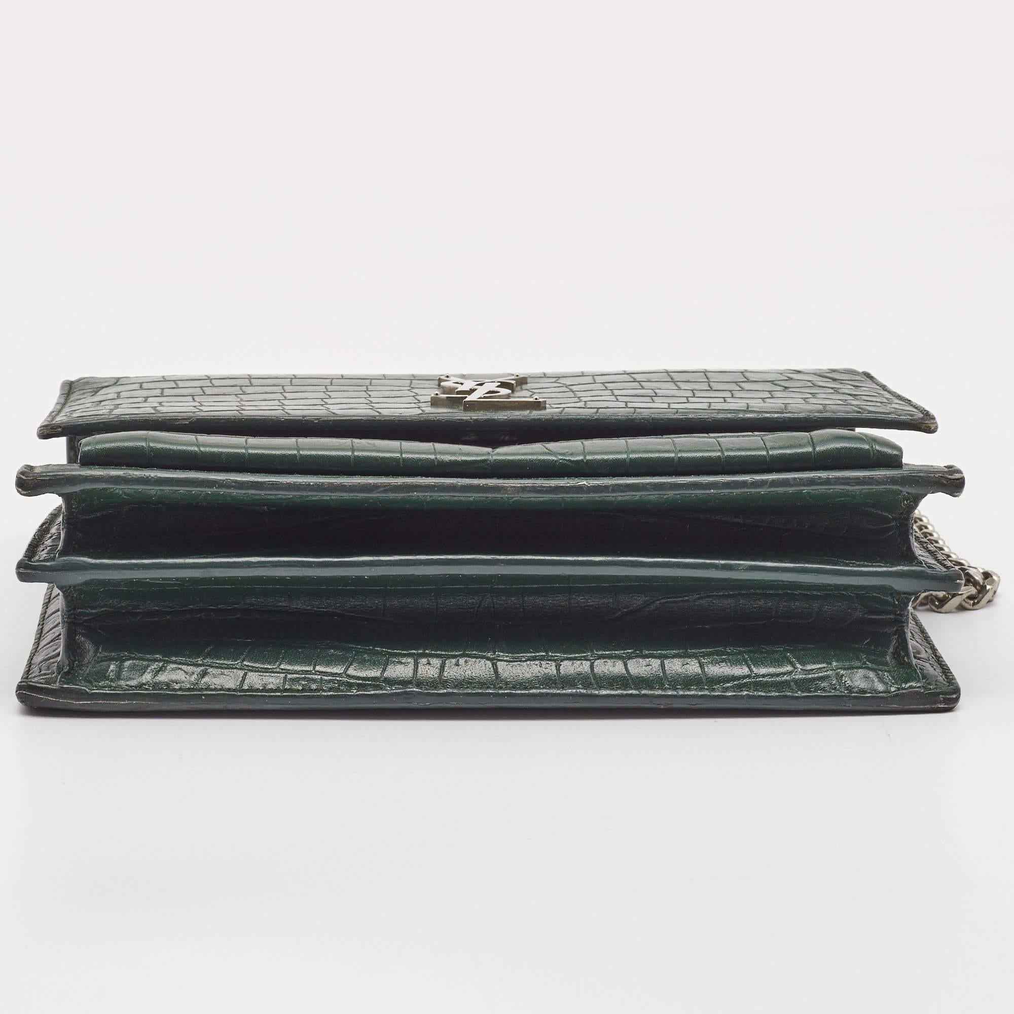 Women's or Men's Saint Laurent Green Croc Embossed Leather Medium Sunset Shoulder Bag