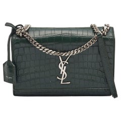 Saint Laurent Green Croc Embossed Leather Medium Sunset Shoulder Bag