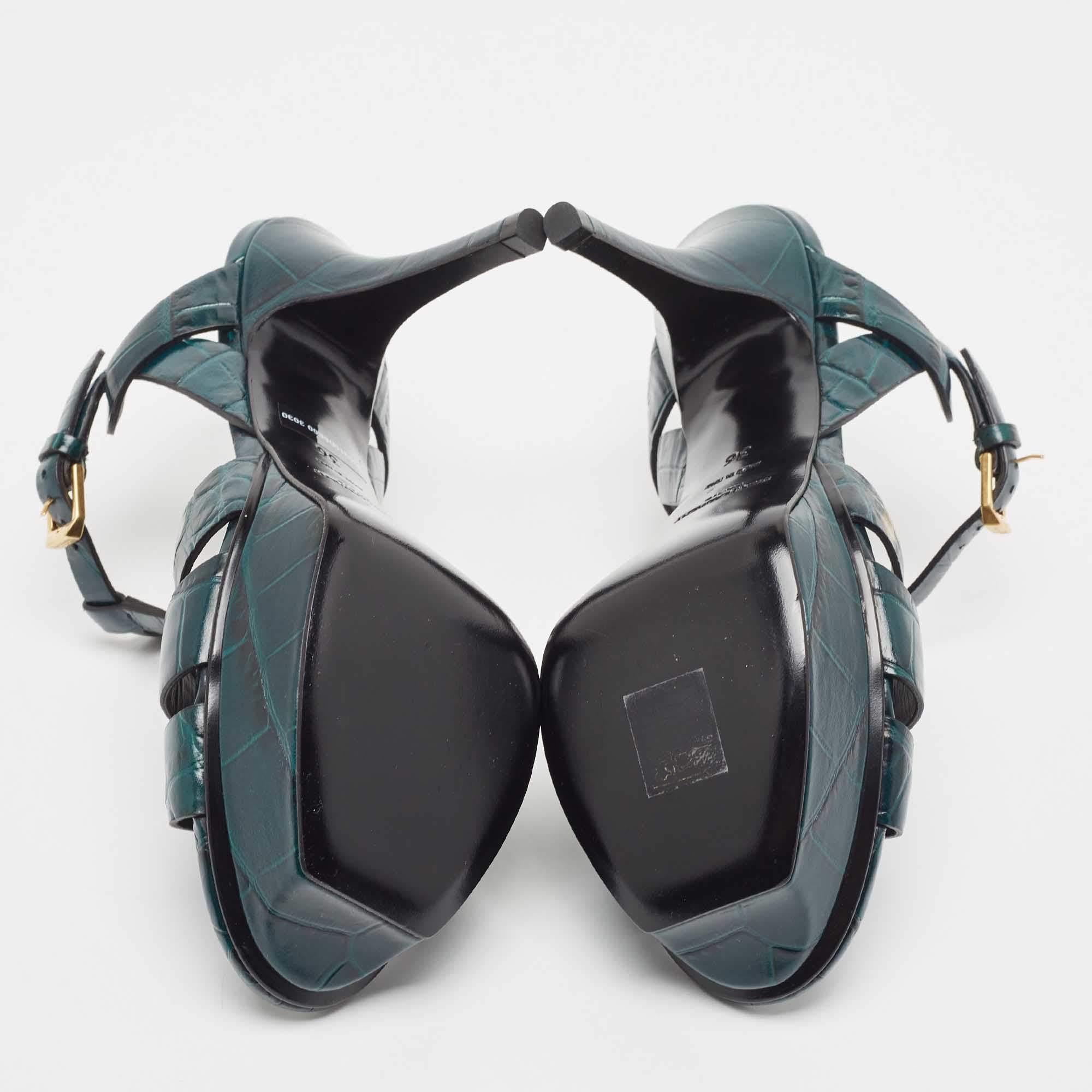 Saint Laurent Green Croc Embossed Leather Tribute Sandals Size 36 2