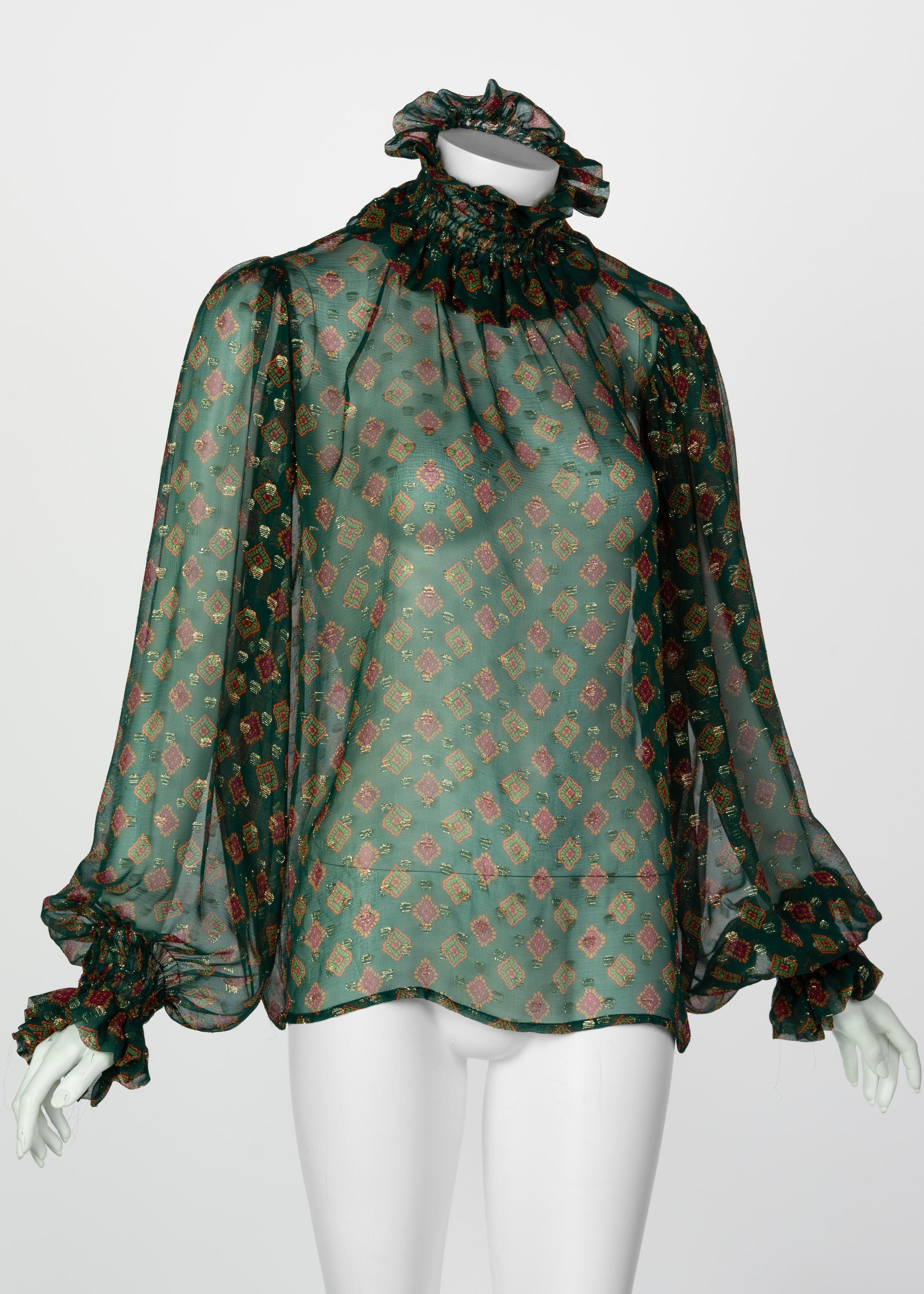 Gray Saint Laurent Green Gold Print Silk Peasant Blouse YSL, 1970s