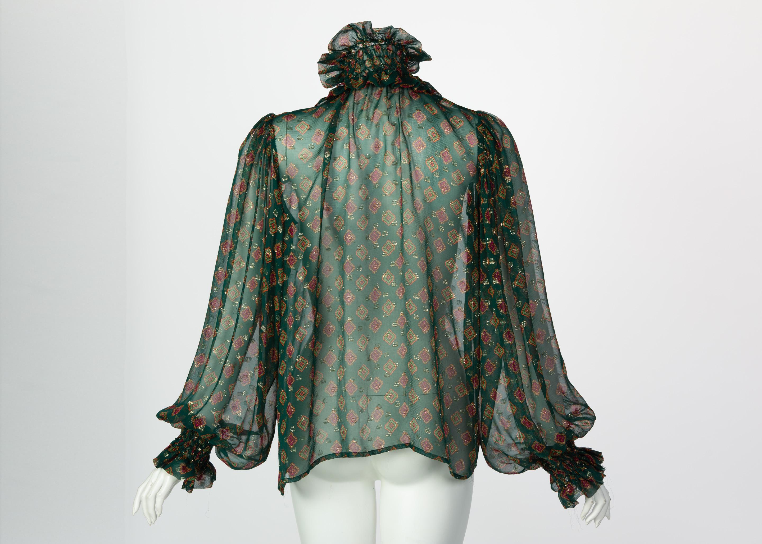 Saint Laurent Green Gold Print Silk Peasant Blouse YSL, 1970s In Excellent Condition In Boca Raton, FL