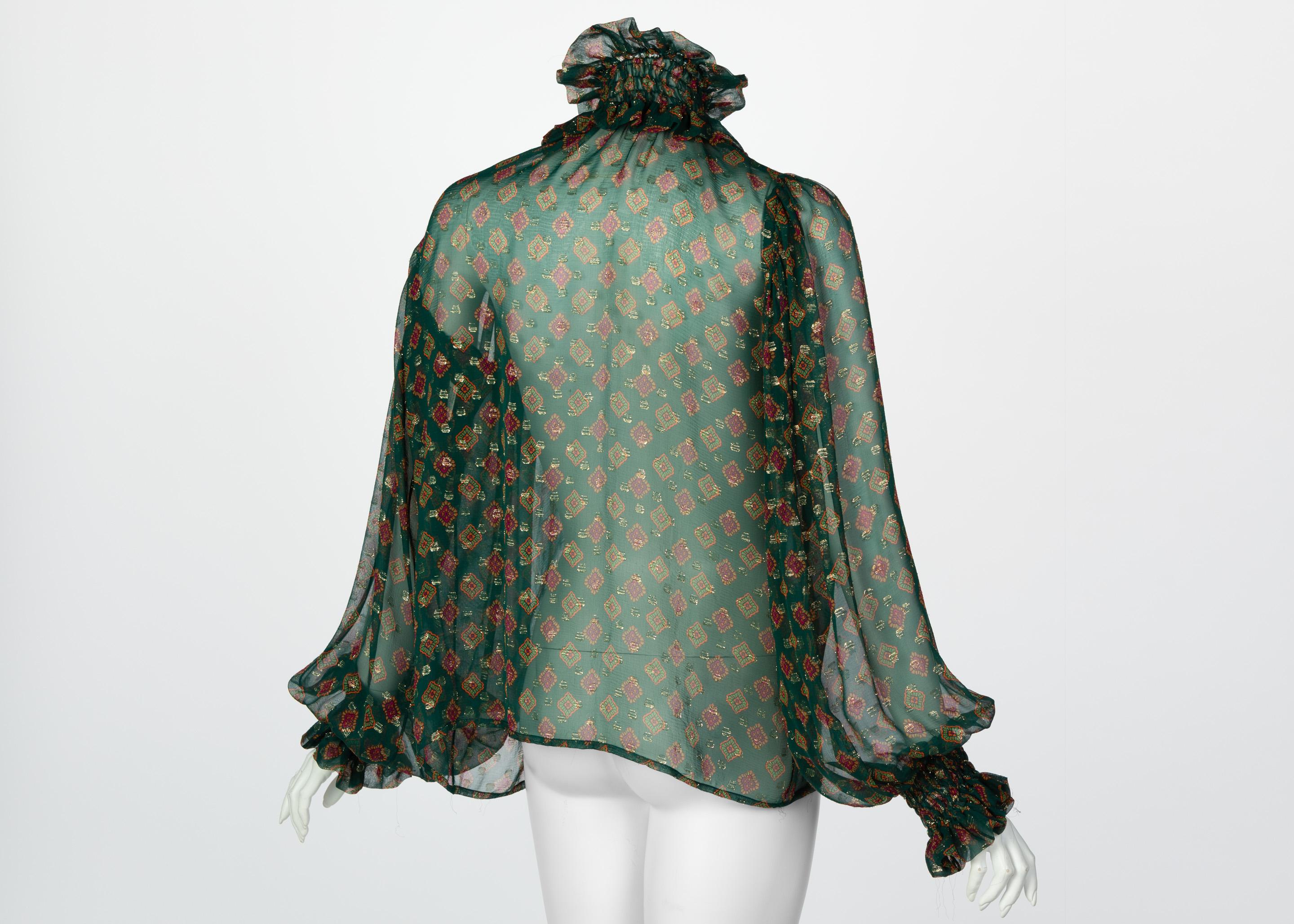 Women's or Men's Saint Laurent Green Gold Print Silk Peasant Blouse YSL, 1970s