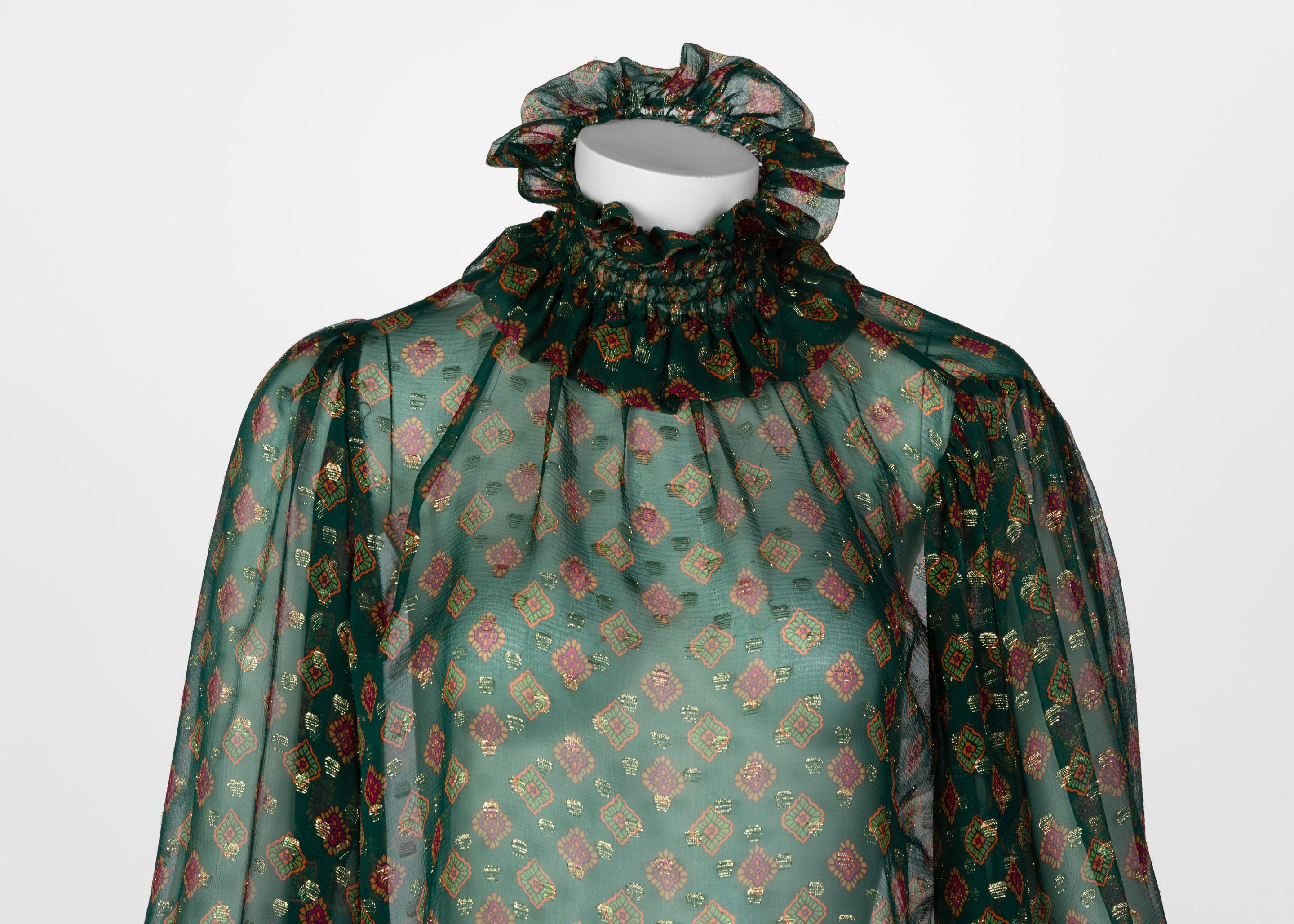 Saint Laurent Green Gold Print Silk Peasant Blouse YSL, 1970s 1