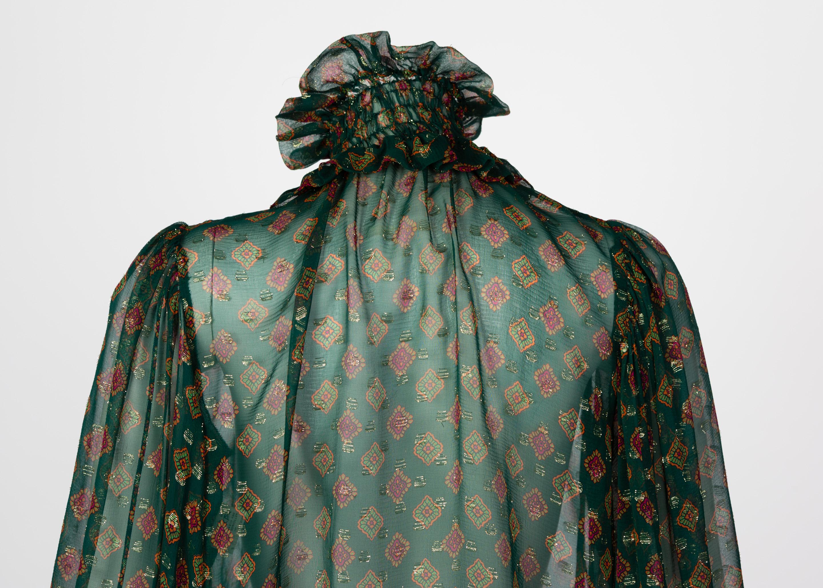 Saint Laurent Green Gold Print Silk Peasant Blouse YSL, 1970s 2