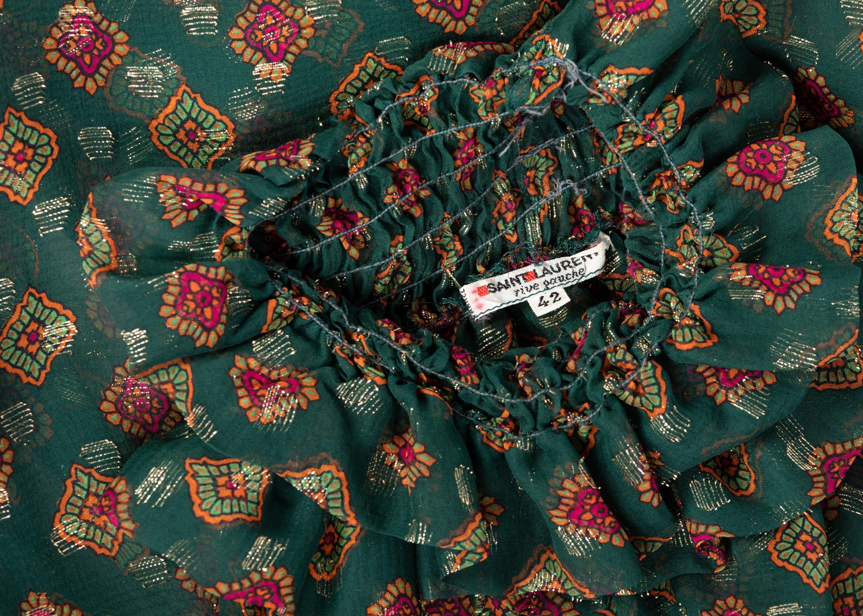 Saint Laurent Green Gold Print Silk Peasant Blouse YSL, 1970s 3