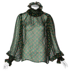 Vintage Saint Laurent Green Gold Print Silk Peasant Blouse YSL, 1970s