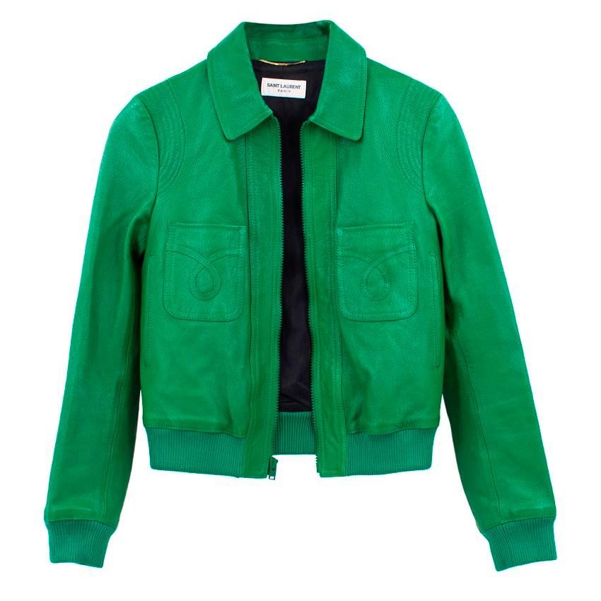 Saint Laurent Green Leather Bomber Jacket

Straight from Saint Laurent's 1970s-inspired SS15 collection, this green leather jacket is a vintage bomber-style shape, with a neat point collar and embroidered chest pockets. Features cropped length, side