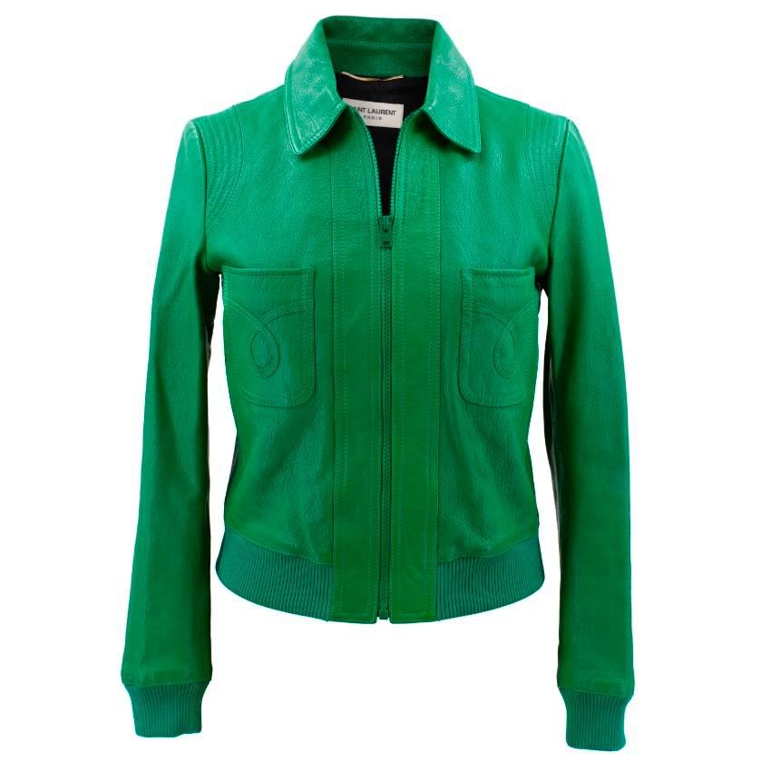 Women's Yves Saint Laurent Green Leather Bomber Jacket  For Sale
