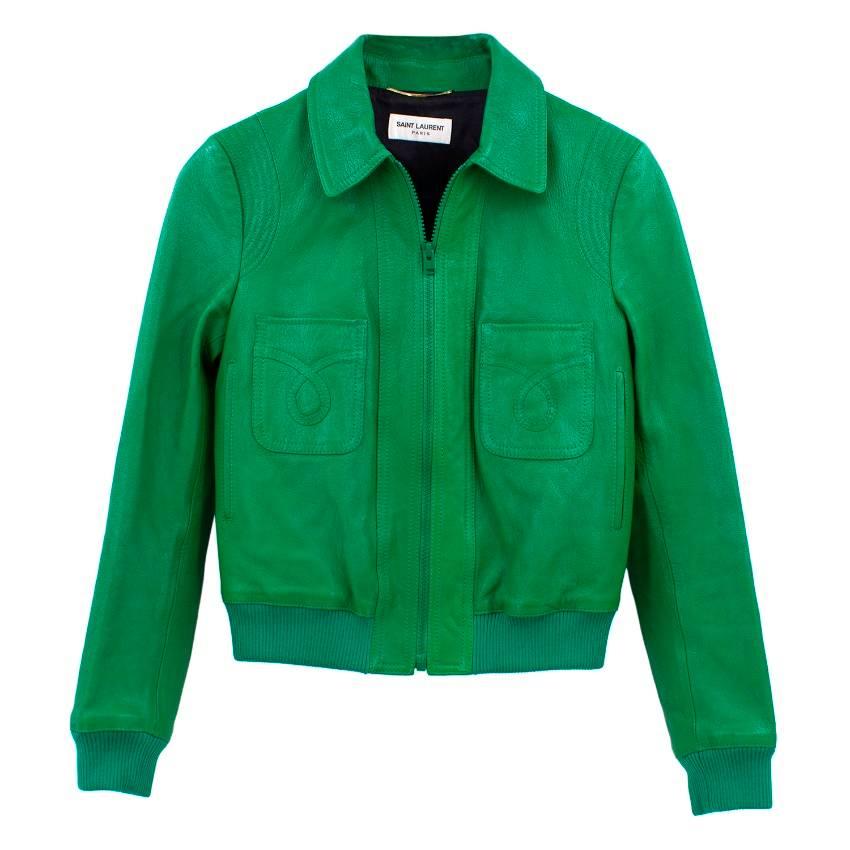 Yves Saint Laurent Green Leather Bomber Jacket  For Sale
