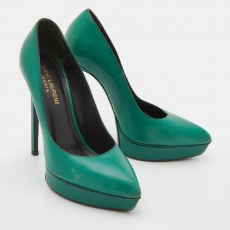 Vert Saint Laurent Greene Classic Leather Platform Pumps Size 38 en vente