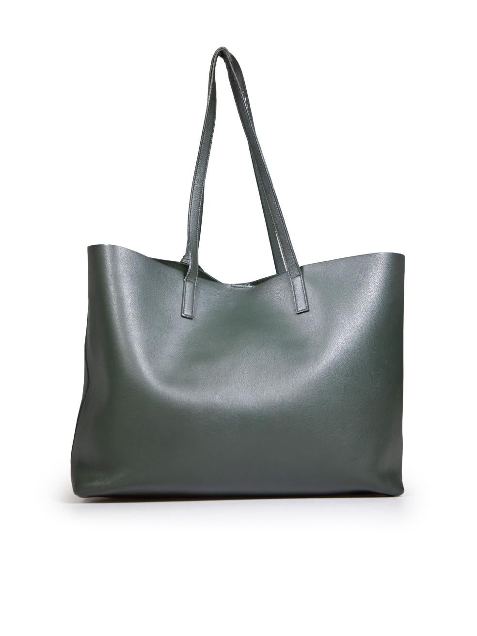 Gray Saint Laurent Green Leather Logo Detailed Tote Bag