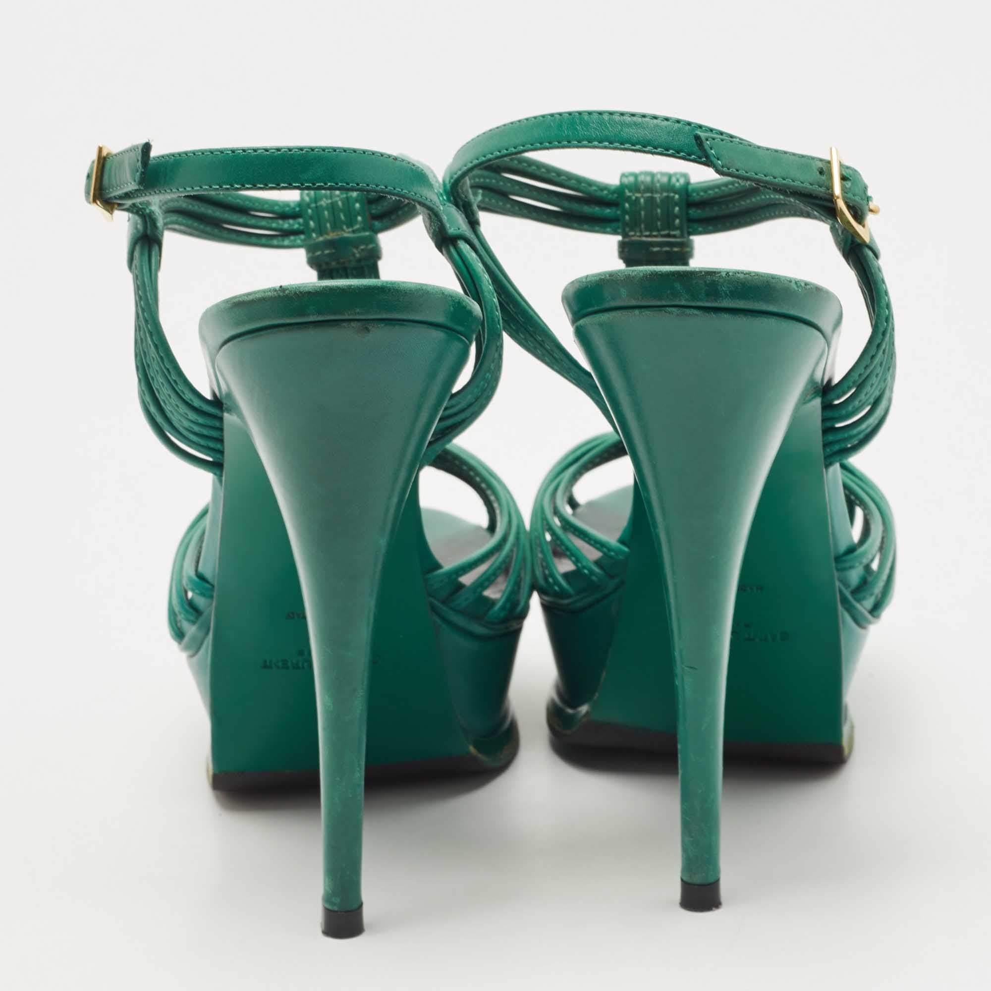 Saint Laurent Green Leather Platform Ankle Strap Sandals Size 39 In Good Condition In Dubai, Al Qouz 2