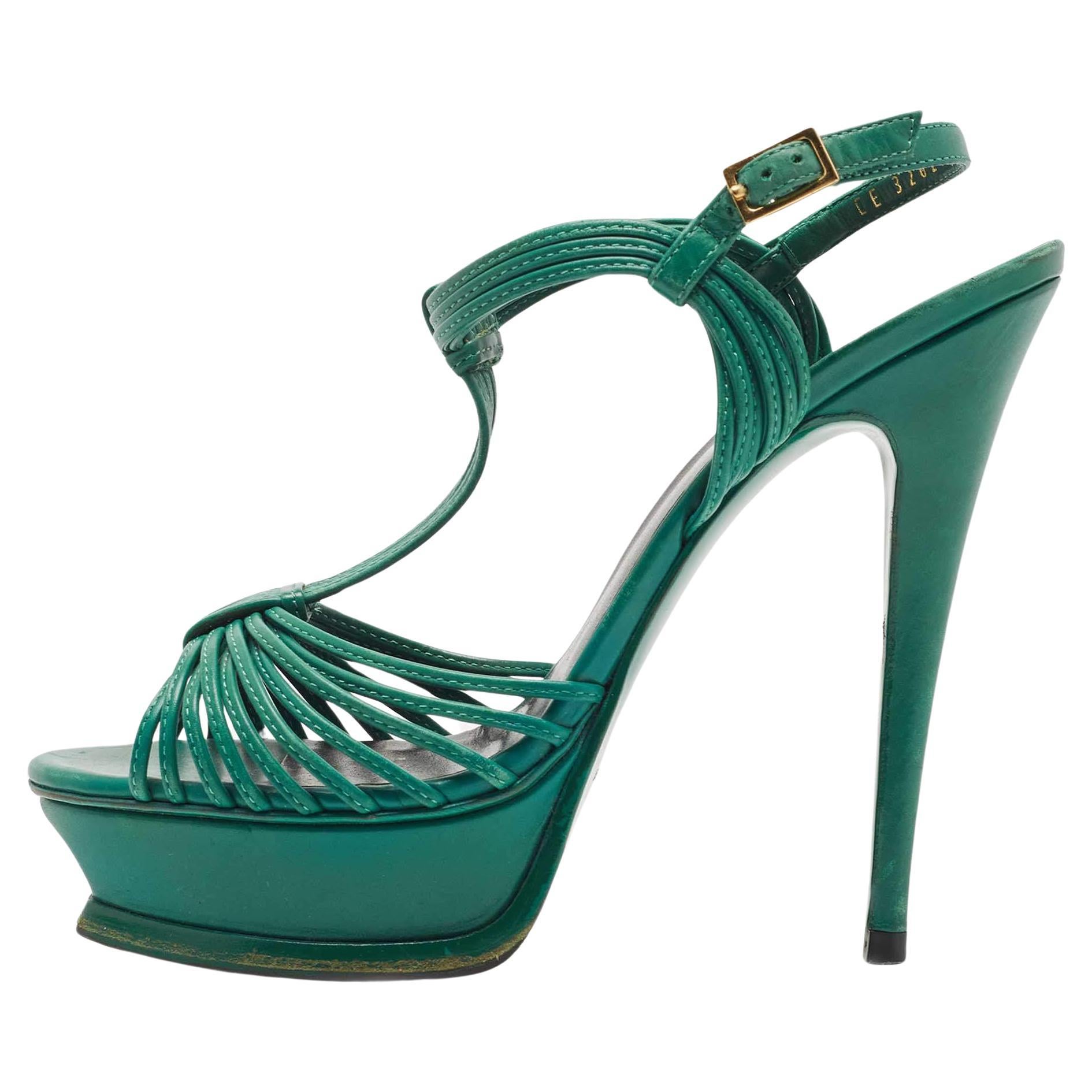 Saint Laurent Green Leather Platform Ankle Strap Sandals Size 39