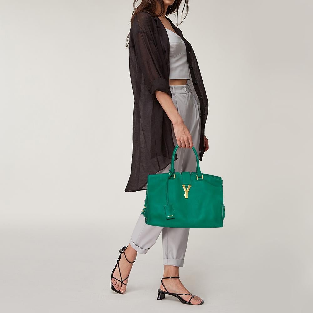 Saint Laurent Green Leather Small Cabas Ligne Y Tote In Good Condition In Dubai, Al Qouz 2