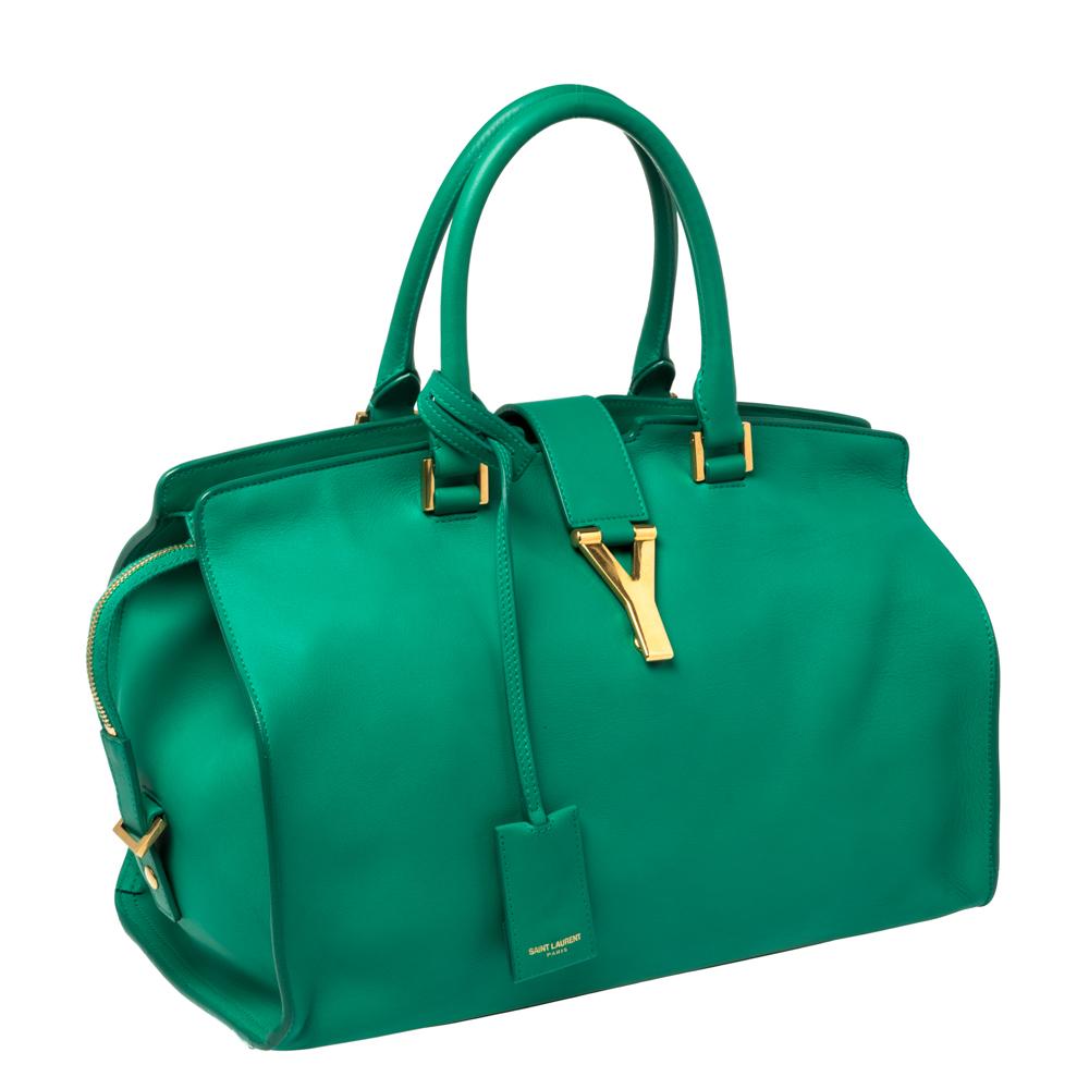 Women's Saint Laurent Green Leather Small Cabas Ligne Y Tote