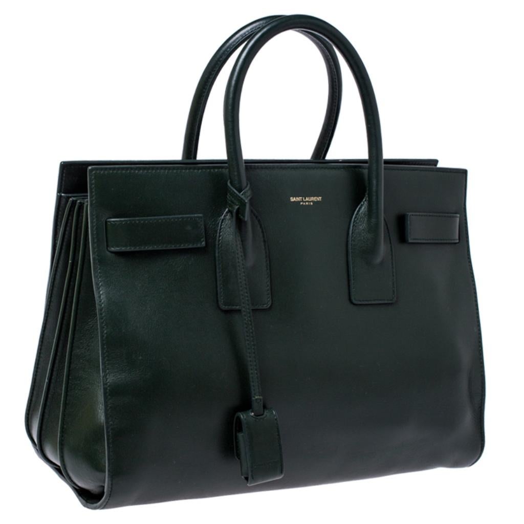 Saint Laurent Green Leather Small Classic Sac De Jour Tote In Good Condition In Dubai, Al Qouz 2