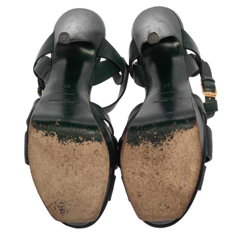 Saint Laurent Green Leather Tribute Platform Ankle Strap Sandals Size 37 In Good Condition In Dubai, Al Qouz 2