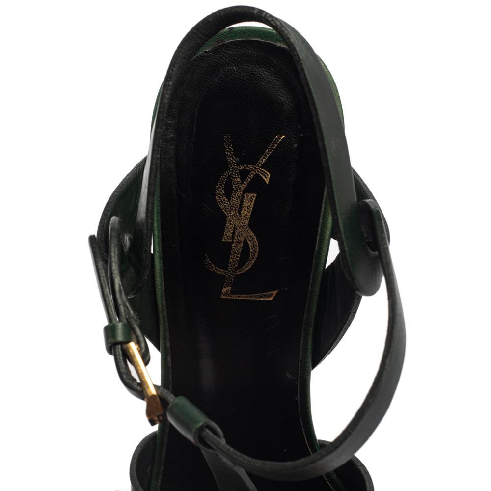 Saint Laurent Green Leather Tribute Platform Ankle Strap Sandals Size 37 4