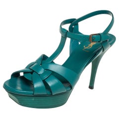 Saint Laurent Green Leather Tribute Platform Ankle Strap Sandals Size 38
