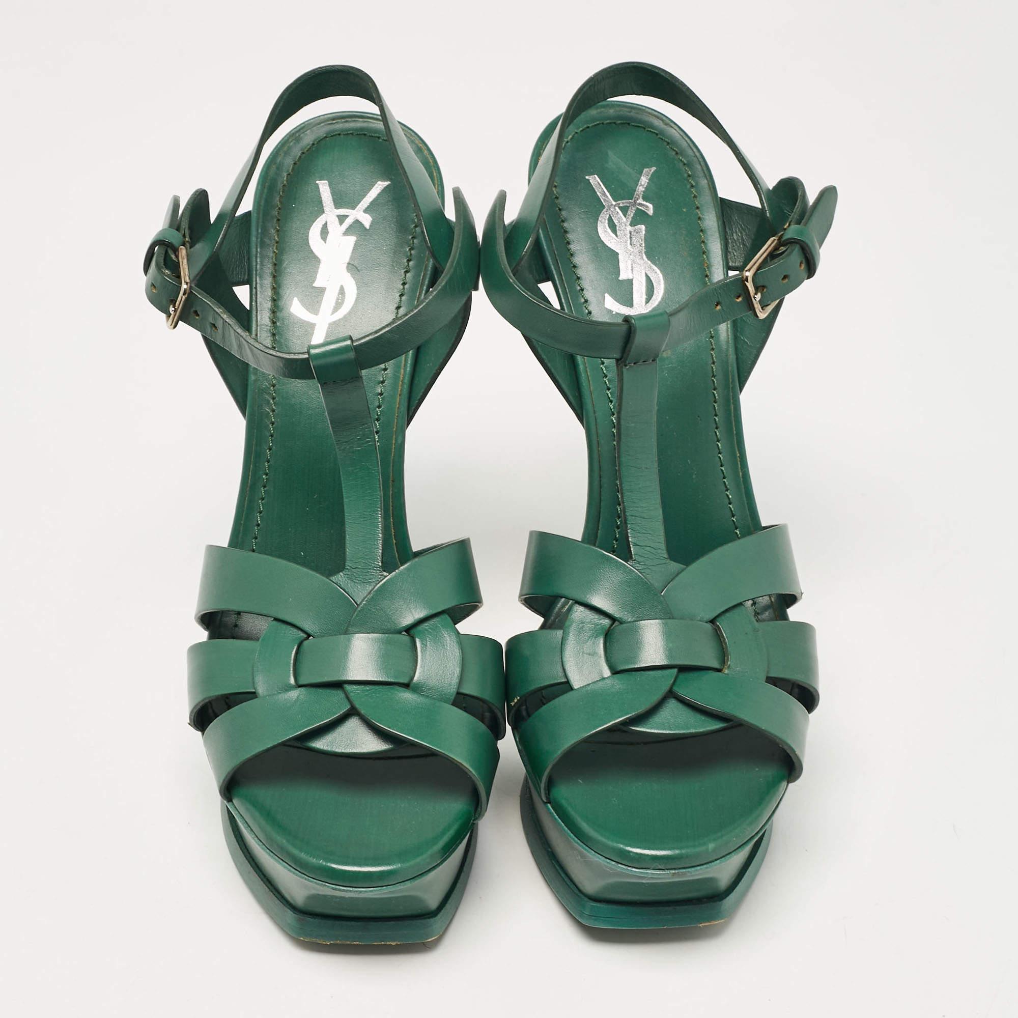 Gray Saint Laurent Green Leather Tribute Platform Sandals Size 37.5