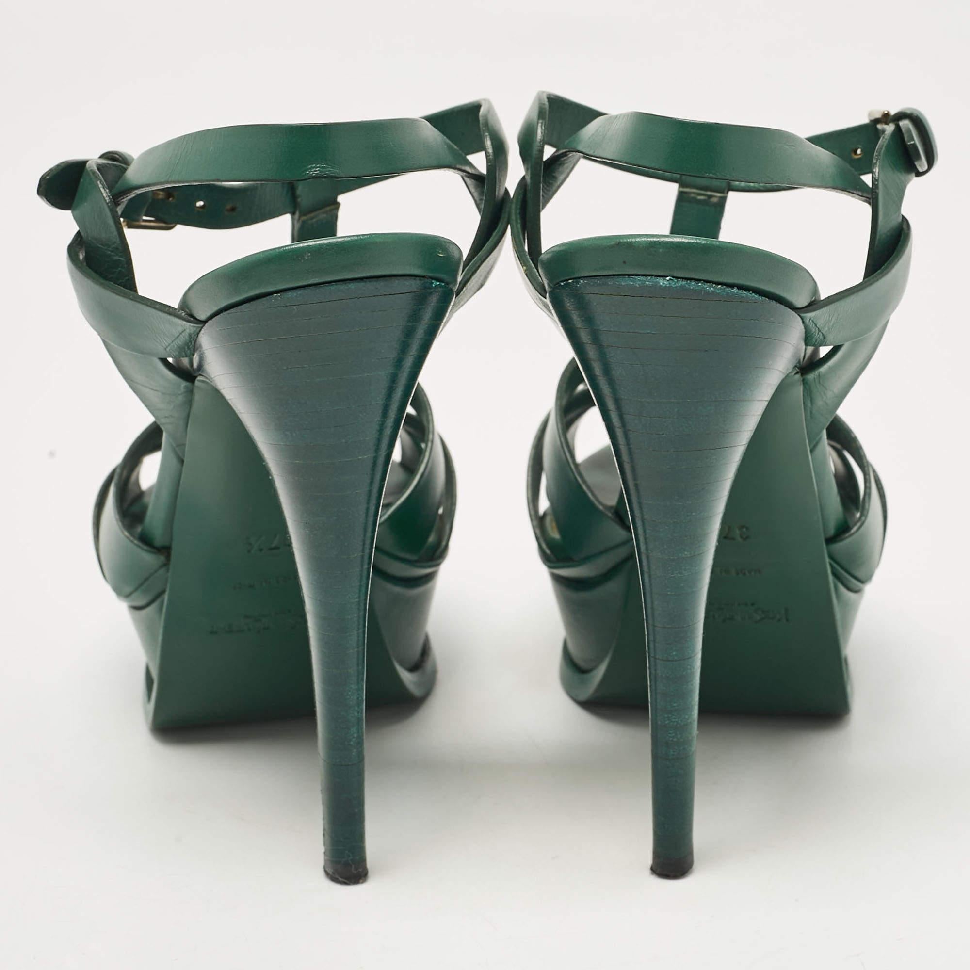 Women's Saint Laurent Green Leather Tribute Platform Sandals Size 37.5